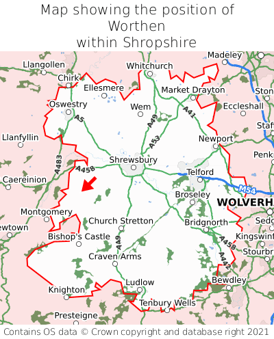 Map showing location of Worthen within Shropshire