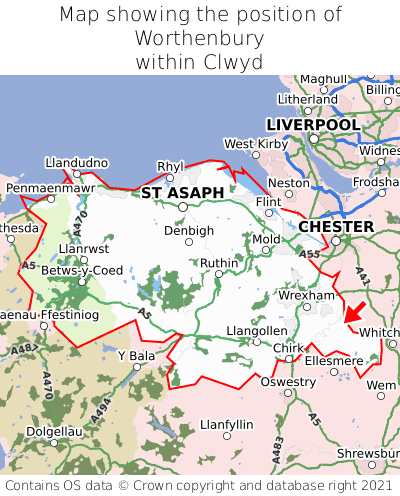 Map showing location of Worthenbury within Clwyd