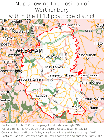 Map showing location of Worthenbury within LL13