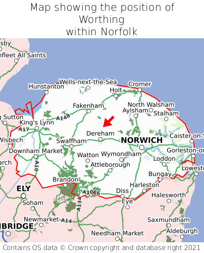 Map showing location of Worthing within Norfolk