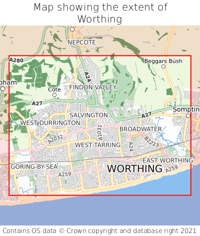 Map showing extent of Worthing as bounding box