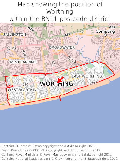 Map showing location of Worthing within BN11