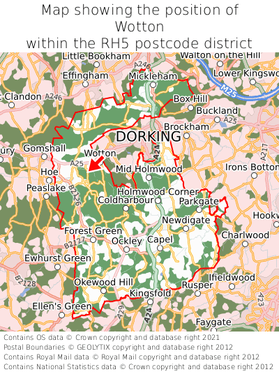 Map showing location of Wotton within RH5