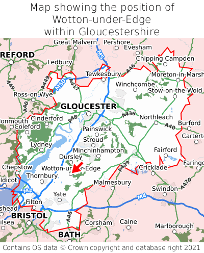 Map showing location of Wotton-under-Edge within Gloucestershire
