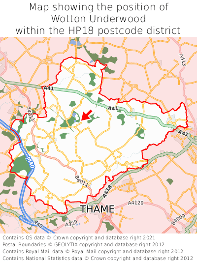 Map showing location of Wotton Underwood within HP18