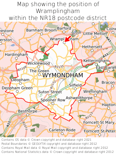 Map showing location of Wramplingham within NR18
