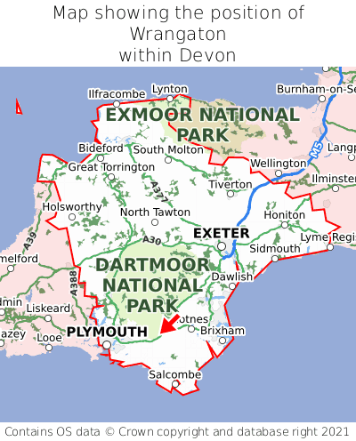 Map showing location of Wrangaton within Devon