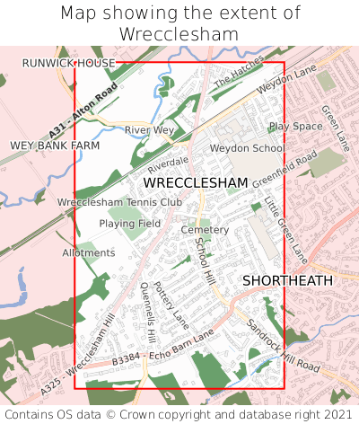 Map showing extent of Wrecclesham as bounding box