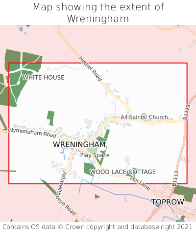 Map showing extent of Wreningham as bounding box
