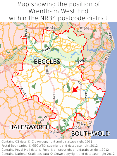Map showing location of Wrentham West End within NR34