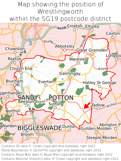 Map showing location of Wrestlingworth within SG19