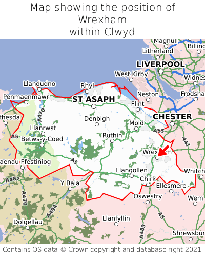 Map showing location of Wrexham within Clwyd
