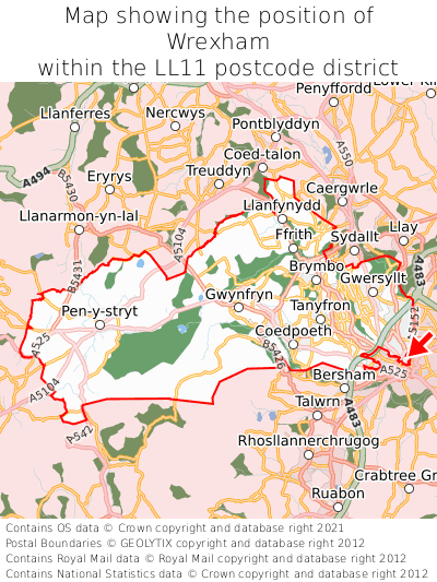 Map showing location of Wrexham within LL11