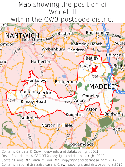 Map showing location of Wrinehill within CW3