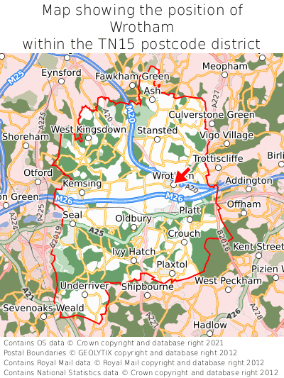 Map showing location of Wrotham within TN15