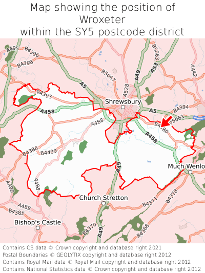 Map showing location of Wroxeter within SY5