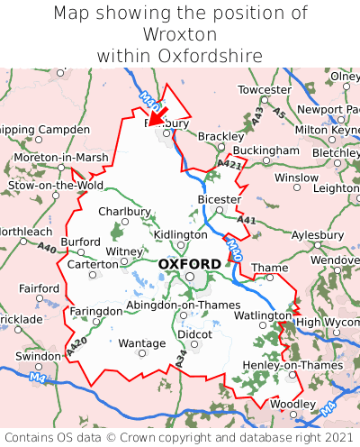 Map showing location of Wroxton within Oxfordshire