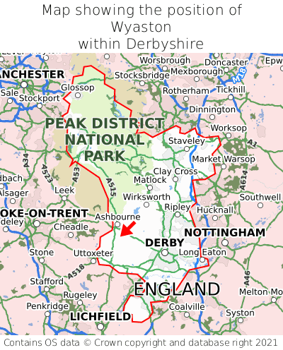 Map showing location of Wyaston within Derbyshire