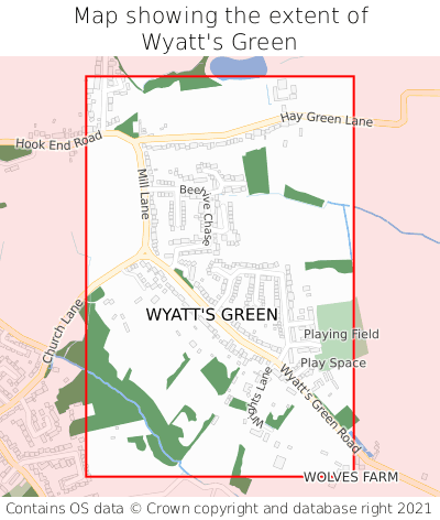 Map showing extent of Wyatt's Green as bounding box