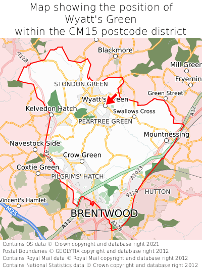Map showing location of Wyatt's Green within CM15