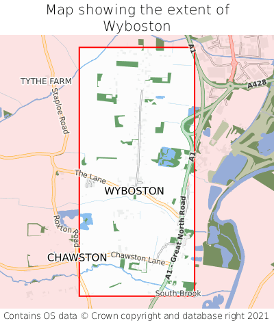 Map showing extent of Wyboston as bounding box