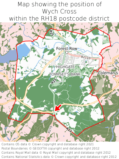 Map showing location of Wych Cross within RH18