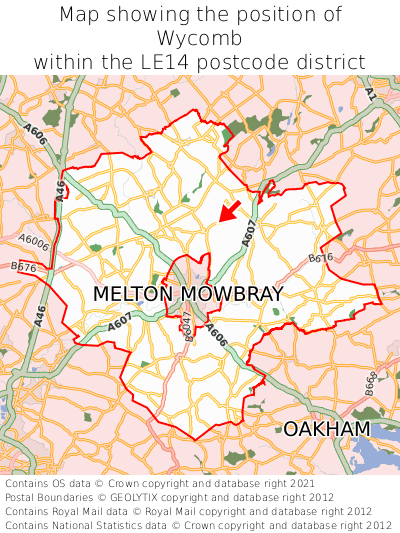 Map showing location of Wycomb within LE14