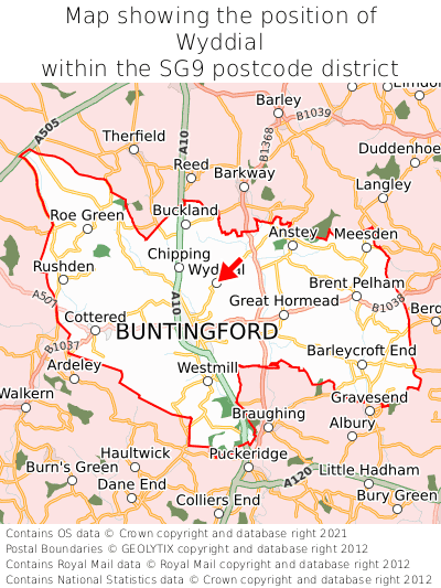 Map showing location of Wyddial within SG9