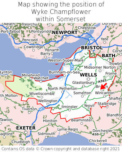 Map showing location of Wyke Champflower within Somerset