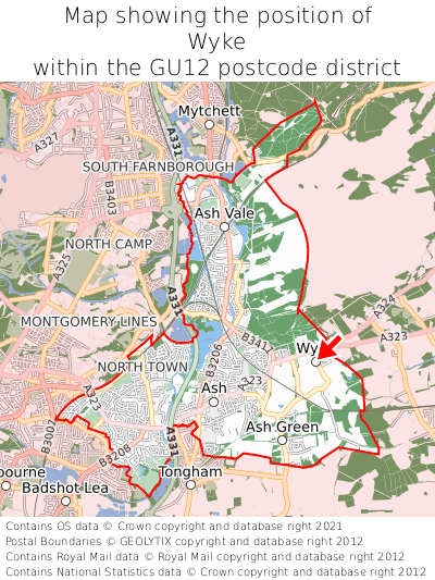 Map showing location of Wyke within GU12