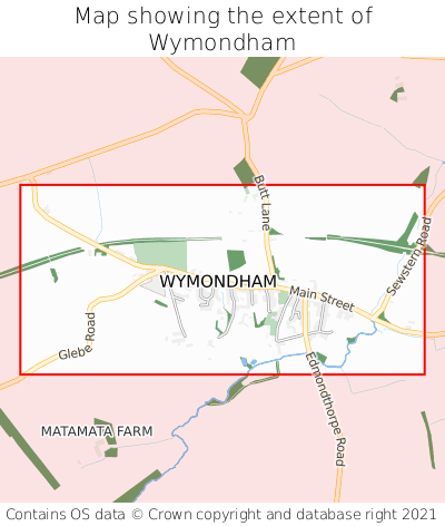 Map showing extent of Wymondham as bounding box
