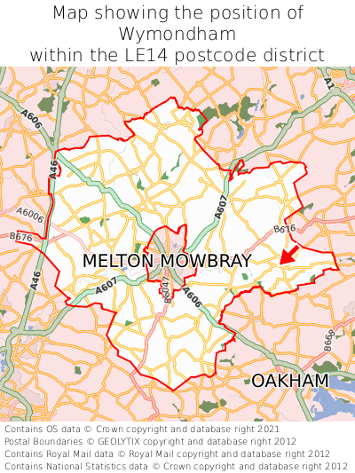 Map showing location of Wymondham within LE14