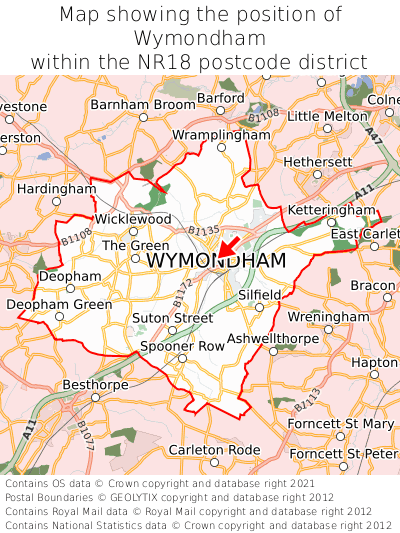 Map showing location of Wymondham within NR18