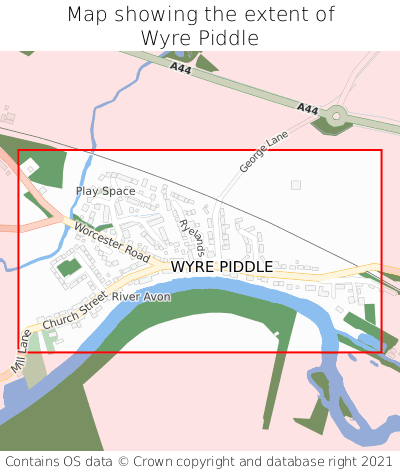 Map showing extent of Wyre Piddle as bounding box