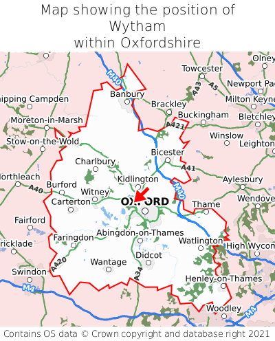Map showing location of Wytham within Oxfordshire