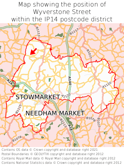 Map showing location of Wyverstone Street within IP14