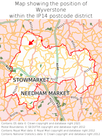 Map showing location of Wyverstone within IP14