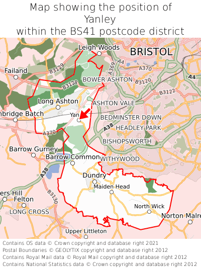 Map showing location of Yanley within BS41