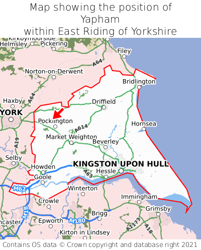 Map showing location of Yapham within East Riding of Yorkshire