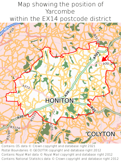 Map showing location of Yarcombe within EX14