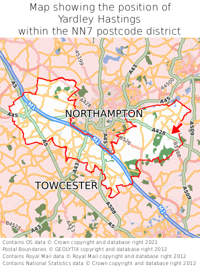 Map showing location of Yardley Hastings within NN7