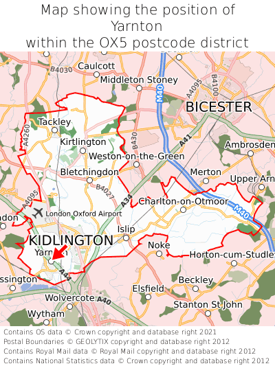 Map showing location of Yarnton within OX5