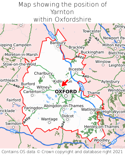 Map showing location of Yarnton within Oxfordshire
