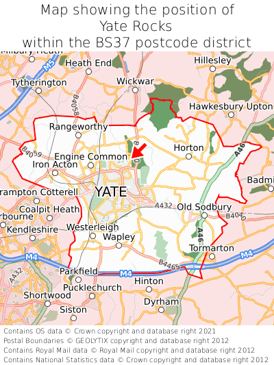 Map showing location of Yate Rocks within BS37