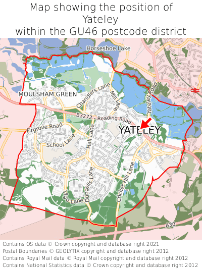 Map showing location of Yateley within GU46