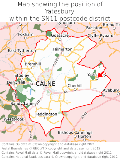 Map showing location of Yatesbury within SN11