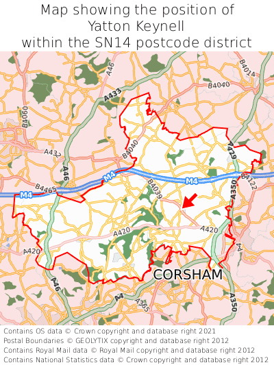 Map showing location of Yatton Keynell within SN14