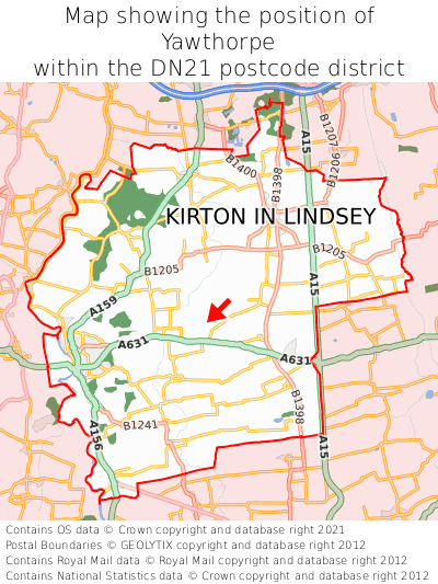 Map showing location of Yawthorpe within DN21