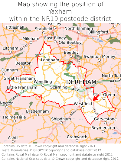 Map showing location of Yaxham within NR19