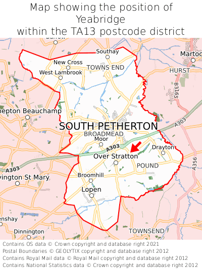 Map showing location of Yeabridge within TA13